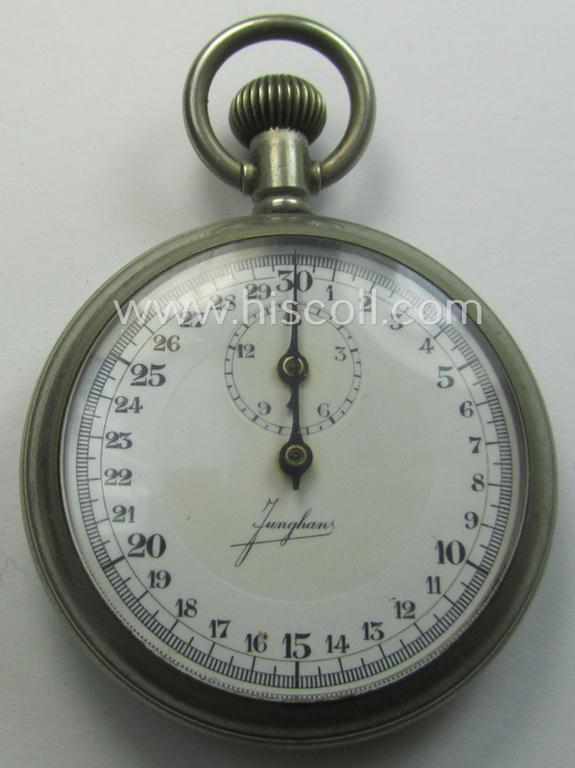 WWII-period- (ie. 'Deutsche Wehrmacht'-related-) pocket-chronograph (ie. 'Dienstchronograph') of the make: 'Junghans', having a white-coloured dial-plate and that comes in a moderately used but still functional, condition