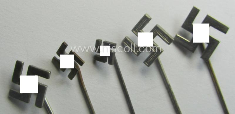 Interesting, 5-pieced set comprising of five so-called: 'N.S.D.A.P.'-related supporter-pins- (ie.: 'Symphatisanten-Abzeichen') showing a swastika (being all five non-maker-marked examples)