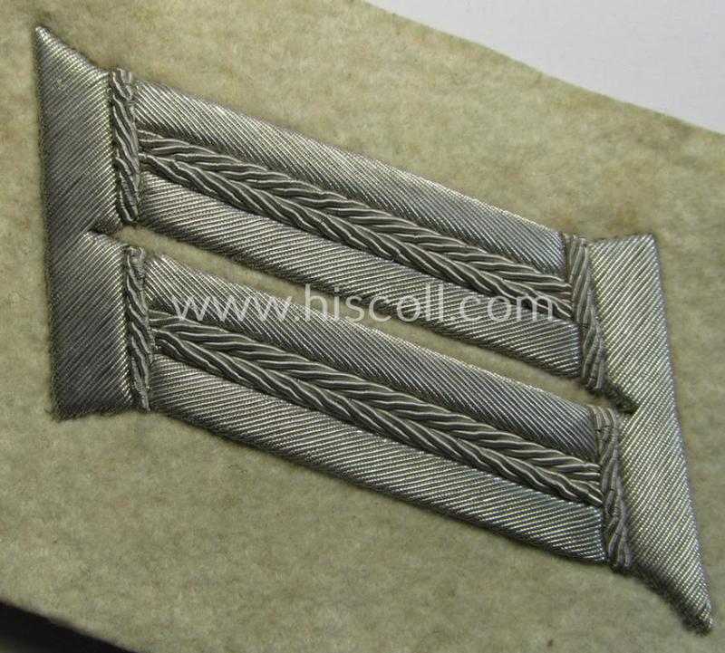 Attractive - albeit not completely finished! - pair of WH (Heeres) officers'-type, 'Waffenrock'- (ie. dress-) collar-tabs (ie. 'Kragenspiegel') as piped in the white branchcolour as  intended for usage by an: 'Offizier der Infanterie-Truppen'