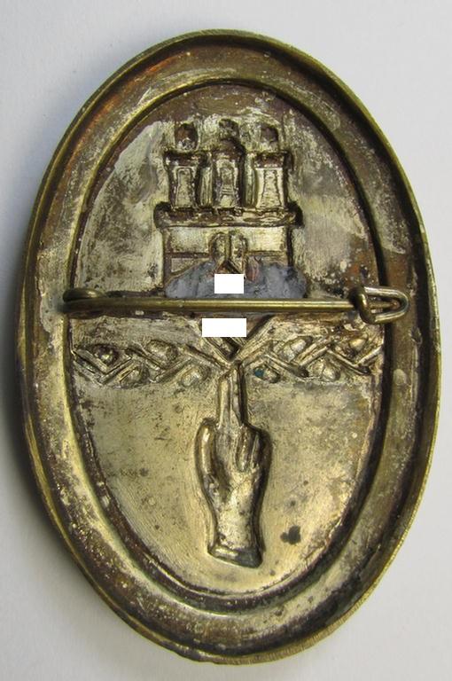 Attractive - and scarcely found! - early-period- and silver-toned- (ie. tin-based) day-badge (ie. 'tinnie') as was issued to commemorate the: '1. Gau-Parteitag Hamburg - Parteigründungsfeier Hamburg - 23.2.34 - Vereidigung d. Polit. Leiter - 25.2....