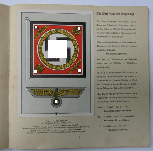 Neat, medium-sized, period-publication ie. album entitled: 'Deutschlands Wehrmacht', full of colour-plates on uniforms and/or insignia, holding 11 (of its original 12) colourfull post-cards - nice, albeit moderately used, condition! 