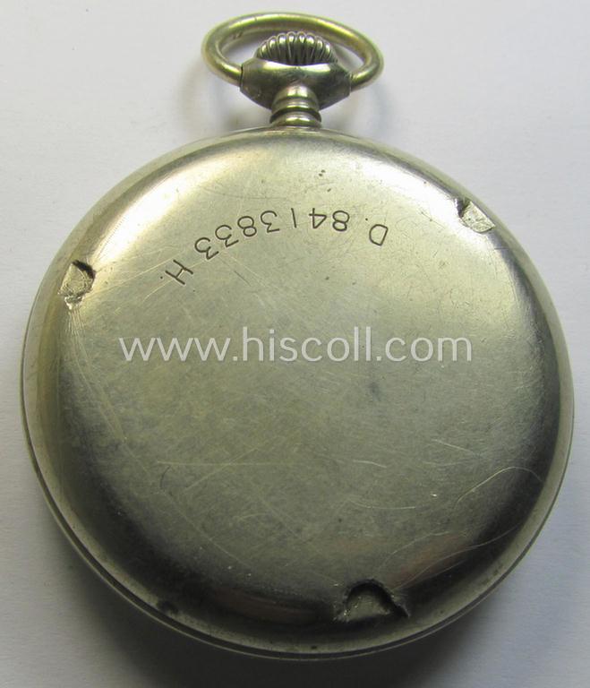 Attractive - and scarcely encountered! - 'Deutsche Wehrmacht'- (ie. WWII-period) pocket-watch ('Dienstuhr') of the make: 'Zenith' having a black-coloured dial-plate and/or engraved back-plate that reads: 'D 8413833 H'