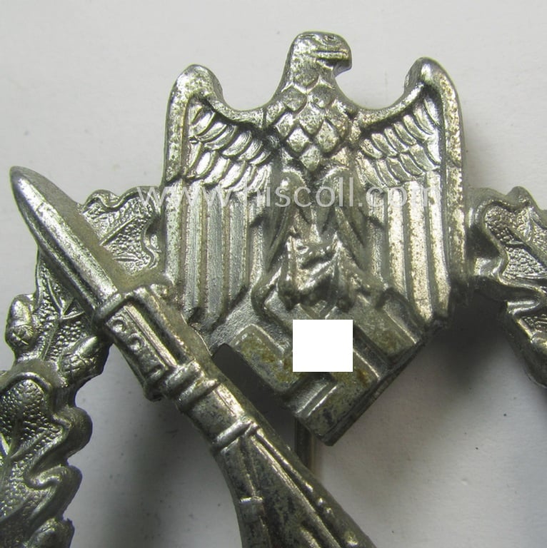 Superb, 'Infanterie Sturmabzeichen in Silber' being a non-maker-marked and/or typical zinc- (ie. 'Feinzink'-) based version (ie. 'crimped scooped rifle-variant') as was (I deem) procuded by the: 'S&L'- (ie. 'Steinhauer u. Lück'-) company