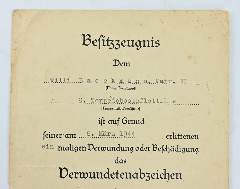 German KM Wound Badge in Black Certificate