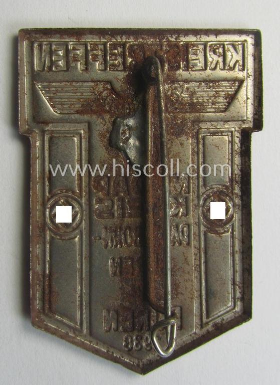Silverish-toned - and partly bright-red-coloured! - N.S.D.A.P.-related day-badge (ie. 'tinnie') being a non-maker-marked example entitled: 'Kreistreffen NSDAP - Kreis Paderborn Büren in Büren - 1938'