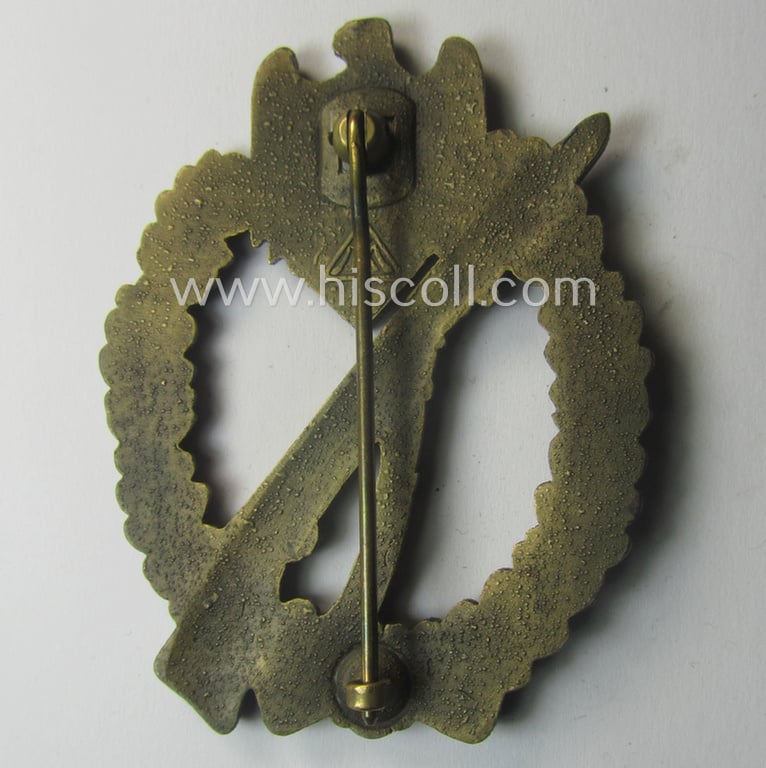 Superb, 'Infanterie Sturmabzeichen in Bronze' being a maker- (ie. 'MK' in a triangle-) marked (and/or minimally converse- ie. vaulted-) example by a to date still unidentified maker as was executed in golden-bronze-toned 'Feinzink'