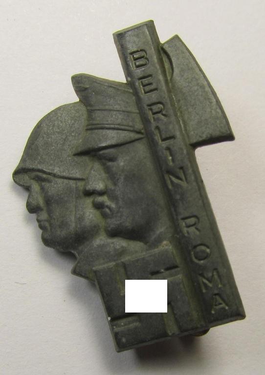 Attractive - and actually scarcely encountered! - commemorative lapel-pin (ie. 'Veranstaltungsabzeichen') being a 'Deschler'-marked example depicting Hitler and Mussolini and text: 'Berlin - Roma'