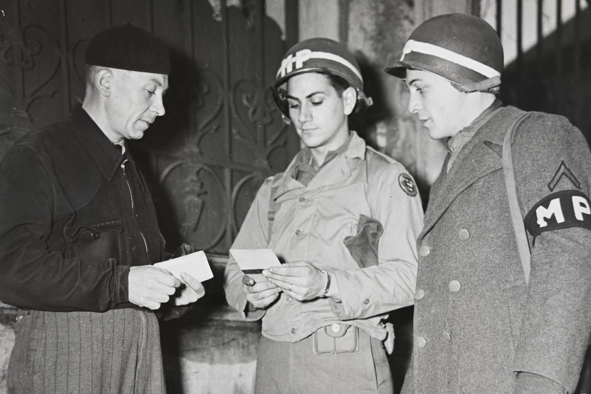 US WW2 Signal Corps Press Photo 'ID Check'