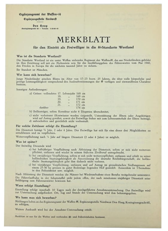 Dutch Waffen-SS Recruitment Form ''Westland'