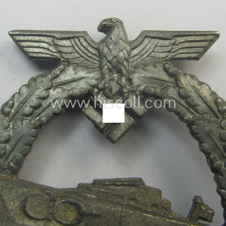 Superb, WH (Kriegsmarine) so-called: 'Kriegsabzeichen für Schnellboote - 2. Modell' (or: E-boat-war-badge of the 2nd model) being a maker- (ie. 'Fec. W.E. Peekhaus'-) marked example as was produced by the: 'Schwerin'-company