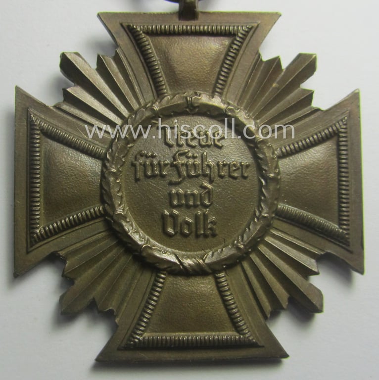 'N.S.D.A.P. Dienstauszeichnung in Bronze' (ie. '3. Stufe für 10 Jahre t. Dienste') being a non-maker- marked- (and typical 'Buntmetall'-based!) example that came mounted onto its period ribbon
