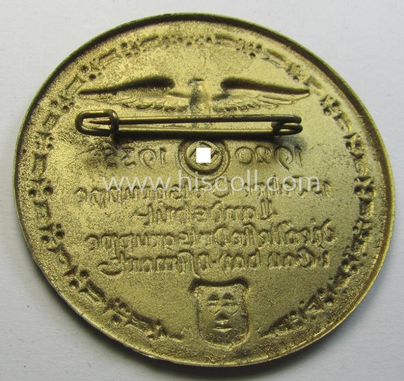 Commemorative, bright-golden-toned 'N.S.D.A.P.'-related 'tinnie' depicting an N.S.D.A.P.-party-eagle and surrounded by the text: '15 Jahre Ortsgruppe Landshut - die älteste Ortsgruppe i. Gau bay. Ostmark - 1920 -1935'