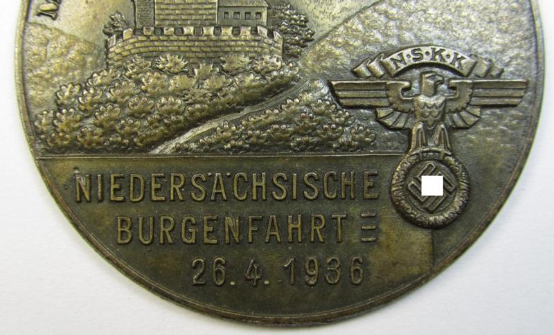Superb, commemorative N.S.K.K.-related plaque (ie. 'Erinnerungs- o. nichttragbare Auszeichnungsplakette') showing an N.S.K.K.-eagle-device and text: 'Motorbrigade Niedersachsen - Niedersächsische Burgenfahrt - 26.04.1936'