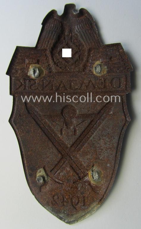 Nicely preserved - albeit regrettably incomplete ie. relic! - example of a WH (Heeres ie. Waffen-SS) 'Demjansk'-campaign-shield as executed in typical magnetic, so-called: 'Eisenblech'