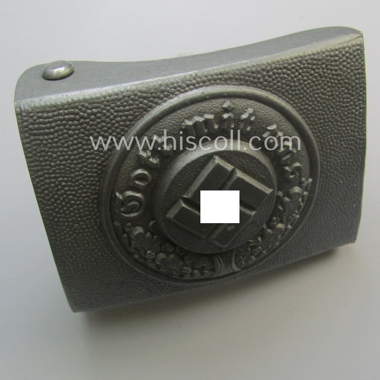 Police- (ie. 'Polizei') 'standard'-pattern, silver-toned- and (molded) zinc-based belt-buckle (ie. 'Koppelschloss für Mannschaften u. Uffz. der Polizei') being a non-maker-marked example