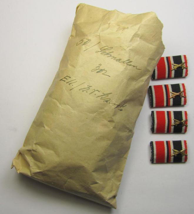 Two-pieced-, WH (Heeres, LW, KM etc.) medal-bar (ie. 'Band- o. Feldspange') showing respecively the ribbons for an: 'Eisernes Kreuz II. Klasse' and a: 'KVK II. Klasse mit Schwerter'