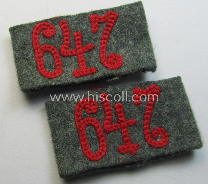 Attractive - fully matching and scarcely found! - pair of WH (Heeres) 'Artillerie'-related, so-called: regimental shoulderstrap-'slip-ons' (ie. 'Schulterstück-Überschuben') as was intended for usage by a: 'Soldat des schwere Artillerie-Abts. 6...