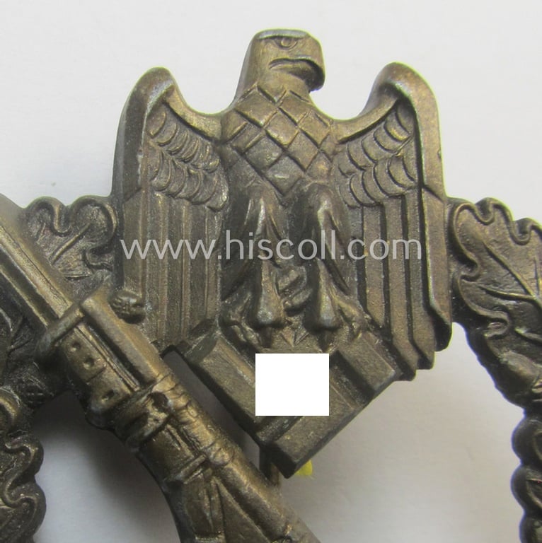 Superb - and very detailed! - 'Infanterie Sturmabzeichen in Bronze' (or: bronze-class infantry assault-badge ie. IAB) being a maker- (ie. 'S.H.u.C.o. 41'-) marked example as executed in bronze-toned, zinc-based metal (ie. 'Feinzink')