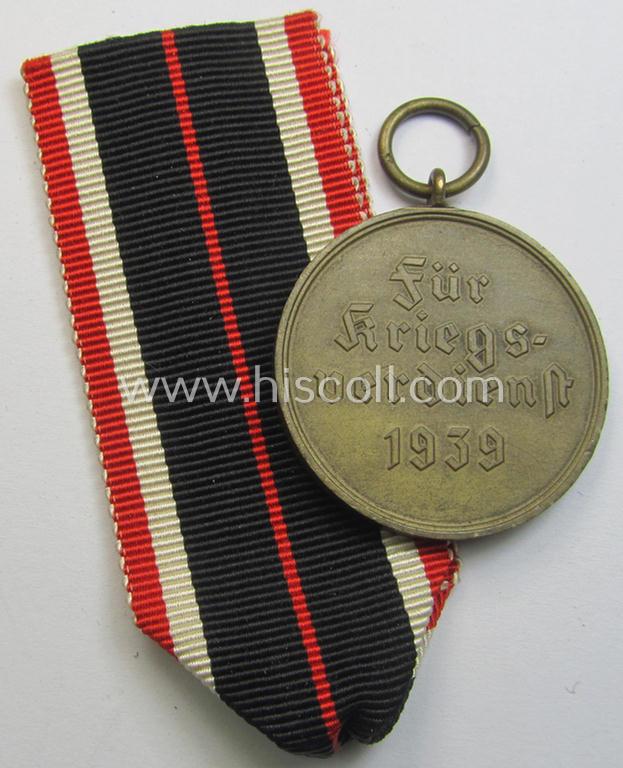 Neat, 'Kriegsverdienstmedaille 1939' being a non-maker-marked- (and/or: 'Buntmetall'-based) specimen that came together with its full-length (bright-red-coloured) ribbon (ie. 'Bandabschnitt')