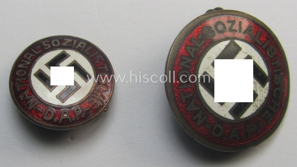 Unusual - smaller-sized- and darker-red-coloured! - 'N.S.D.A.P.'-membership-pin- ie. party-badge (or: 'Parteiabzeichen') being a maker- (ie. '6.'- or: 'Karl Hensler'-) marked example that shows a 'Ges.Gesch.'-patent-pending-designation