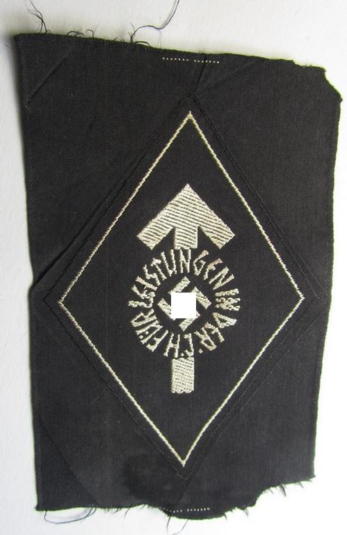 Attractive, HJ (ie. 'Hitlerjugend'-) so-called: 'Leistungsabzeichen in Silber' (or: silver-class youth sports'-badge) being a cloth-version as executed in the 'BeVo'-weave pattern that still retains its period-attached 'RzM'-etiket