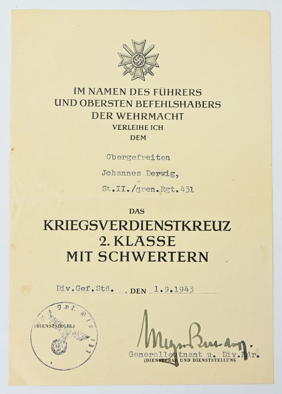 German WH Medal Certificate Set 'Grenadier Regiment 431'