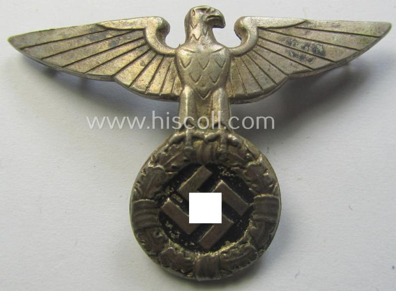 Attractive, silver-toned - and I deem 'Buntmetall'-based! - early-pattern, SS- o. SA-type, political- ie. 'Art Deco'-styled visor- (ie. 'Schirmmützen'-) cap-eagle being a maker- (ie. 'RzM 52'-) marked example that comes in a used condition