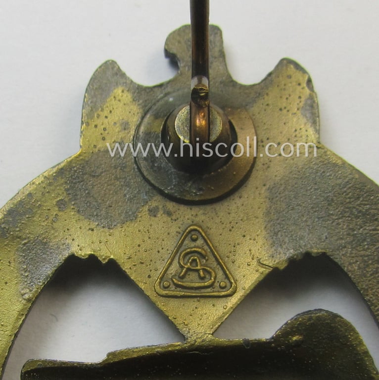 Superb, 'Panzerkampfabzeichen in Bronze' (or: bronze-class panzer-assault badge or PAB) being a clearly maker- (ie. 'AS' in a triangle-) marked- and/or typical zinc- (ie. 'Feinzink'-) based specimen as was procuced by a to date unknown maker