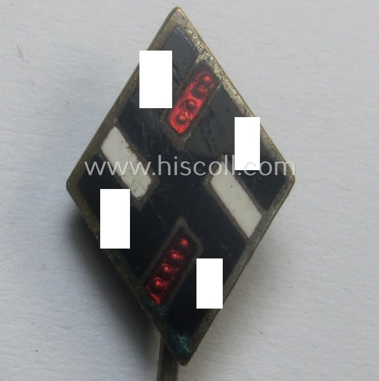 Attractive, 'NS-Studentenbund' enamelled lapel-pin (ie.: 'Raute') being a bright-red-, black- and white-coloured- and/or detailed example showing a clear makers'- (ie. 'RzM M1/52'-) designation on its back