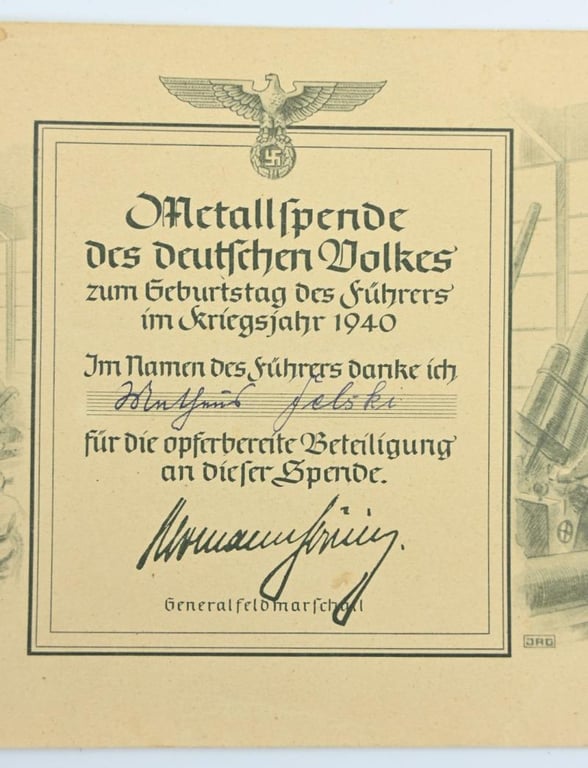 German Third Reich Metall Collection Certificate