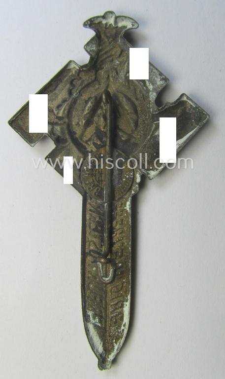 Incomplete, commemorative, silver-toned- and/or tin-based - SA- (ie. 'Sturmabteilungen'-) related 'tinnie' depicting a sword, swastika and text (ie. date) that reads: 'Brigadetreffen - Erfurt - Ostern - 34'
