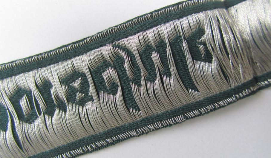 Attractive example of an - actually scarcely encountered! - WH (Heeres) linnen-based-, cuff-title (ie. 'Ärmelstreifen') entitled: 'Unteroffiziervorschule', as was executed in so-called: 'flat-wire'-style (ie. 'BeVo-weave'-pattern)