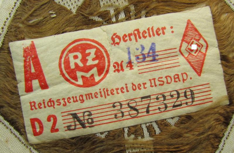 Attractive, HJ- (ie. 'Hitlerjugend') 'Leistungsabzeichen in Bronze' (or: bronze-class youth sports'-badge) as executed in the: 'BeVo'-weave pattern that still retains its period-attached 'RzM'-etiket