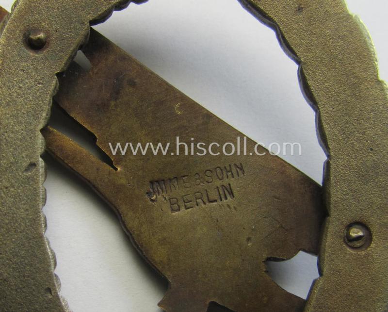 Stunning - and I deem fairly early-war-period! - WH (Luftwaffe) 'Fallschirmschützen-Abzeichen' (or: paratroopers-badge) being a maker- (ie. 'Imme & Sohn'-) marked- and/or: typical 'Tombak'- (ie. 'Buntmetall'-) based example