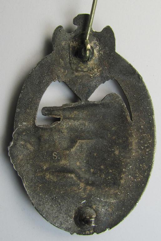 Attractive, 'Panzerkampfabzeichen in Silber' (or: silver-class panzer-assault badge or PAB) being a clearly maker- (ie. 'AS'-) marked- and/or zinc- (ie. 'Feinzink'-) based specimen, as was procuced by the: 'Adolf Scholze'- (ie. 'A.S.'-) com...