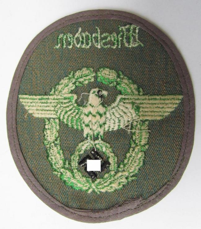 Neat, Police (ie. 'Polizei'/'Gendarmerie'-related-) armbadge (ie. arm-eagle) - being a scarcely encountered! - summer-tunic version, being a piece that was intended for a member within the: 'Polizei Wiesbaden'