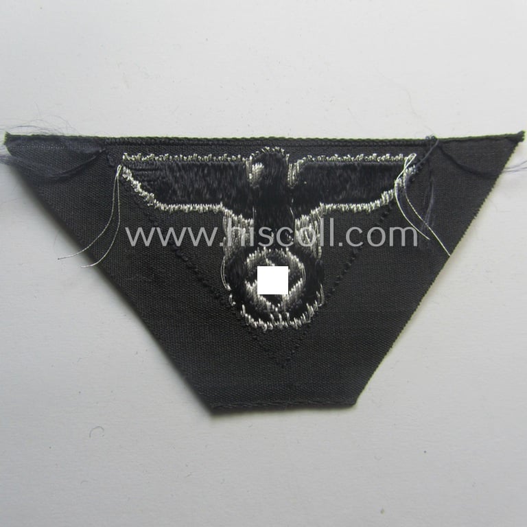 Never used - ie. 'virtually mint'! - so-called: DAF- (ie. 'Deutscher Arbeits Front'-) related side-cap-eagle (ie. 'Adler für Schiffchenmütze') being a 'BeVo'-woven example that comes mounted onto a darker-blue- (almost black!) coloured background