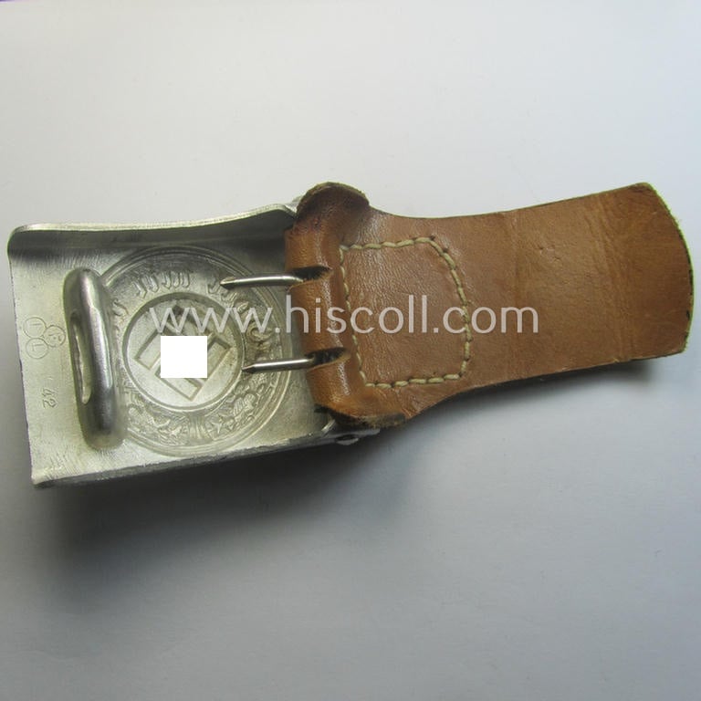 Police (ie. 'Polizei') aluminium-based belt-buckle (ie. 'Koppelschloss für Mannschaften u. Uffz. der Polizei') being a maker- (ie. 'F.L.L.'-) marked and/or: '1942'-dated example that comes in a fully untouched, condition