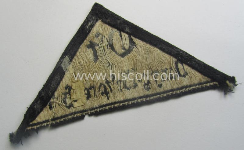 Extremely rarely encountered, 'HJ' ('Hitlerjugend') ie. 'BDM'- ('Bund Deutscher Mädel') district-triangle (ie. 'Gebietsdreieck') entitled: 'Ost Danzig-Westpreussen' being a truly worn- ie. used specimen that misses its 'RzM'-etiket