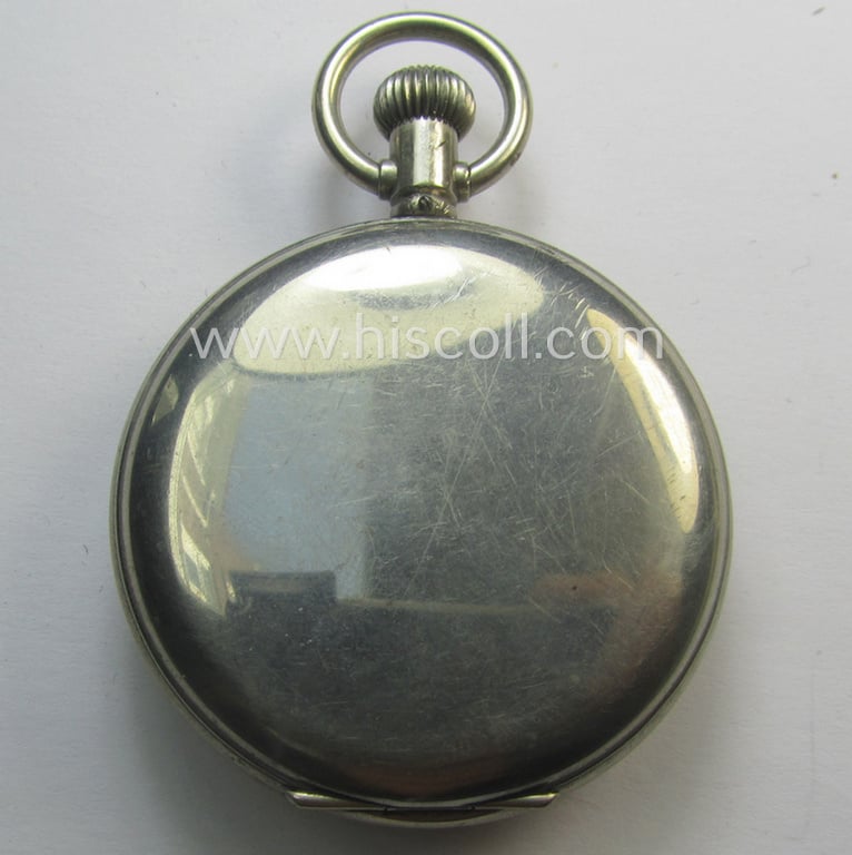 WWII-period- (ie. 'Deutsche Wehrmacht'-related-) pocket-chronograph (ie. 'Dienstchronograph') of the make: 'Junghans', having a white-coloured dial-plate and that comes in a clearly used and non-functional, condition