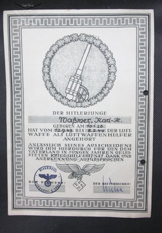 Hitler Youth Flak Helper   certificate – - Ex Phillip Baker Collection