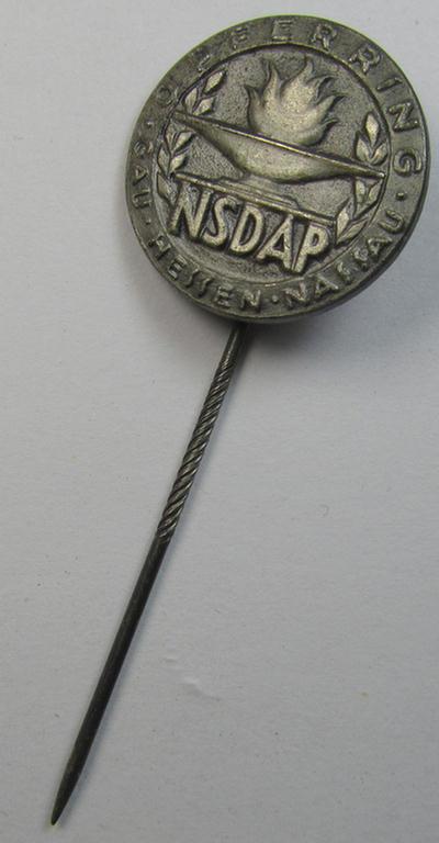 Attractive, zinc- (ie. 'Feinzink'-) 'N.S.D.A.P.'-related supporter-pin- (or: 'Freiheitsbund-Abzeichen') being a maker- (ie. 'E.F. Wiedmann'-) marked example showing the text: 'Opferring Gau Hessen-Nassau'