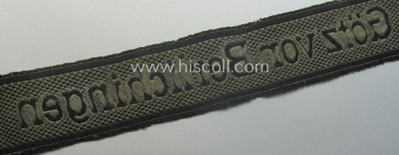 Truly used- and/or worn, Waffen-SS 1943/44-pattern cuff-title (ie. 'Ärmelstreifen') as executed in typical 'BeVo'-weave-pattern as was intended for a member within the: 17. SS-Pz-Gren.-Division 'Götz von Berlichingen'