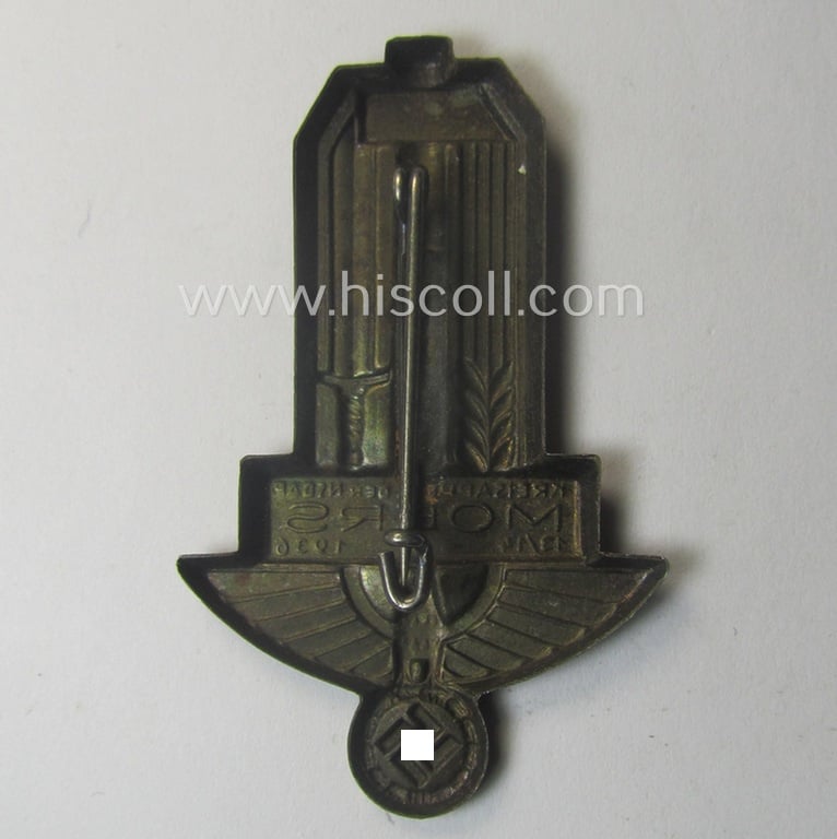 Commemorative, golden-bronze-toned N.S.D.A.P.-related day-badge (ie. 'tinnie' or: 'Veranstaltungsabzeichen') as was issued to commemorate participation within an event named: 'Kreisappell der N.S.D.A.P. - Moers - 13./14. - 6. - 1936'