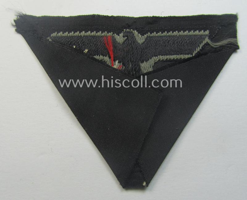 WH (Heeres) so-called: 'T-shaped'- (ie. 'M42-pattern'-) cap-eagle/cocarde (ie. cap-trapezoid) as was specifically produced for usage on the (impopular) black-coloured, 'M-42'-model 'Panzer'-side-caps (ie. 'Schiffchen')