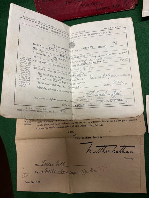 Discharge Wallet 266082 Pte L Gill 1/7th Notts and Derby Regiment (Robin Hood Rifles) Wounded 1/7/1916