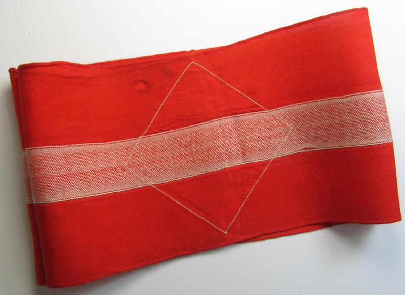 Attractive - and scarcely found! - 'standard'- (ie. entirely woven) pattern, bright-red-coloured HJ- (ie. 'Hitlerjugend'-) related armband (ie. 'Armbinde') being a moderately worn- ie. used example that regrettably misses its 'RzM'-etiket