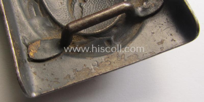 WH (Luftwaffe) bluish-grey-coloured, steel-based belt-buckle being a maker- (ie. 'R. Sieper & Söhne'-) marked example that comes mounted onto its leather-based tab