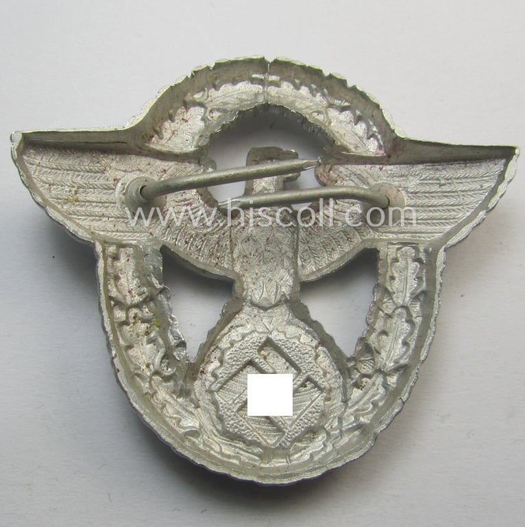 'Standard-issue'-pattern - and typical aluminium-based - 'Polizei'- (ie. police) visor-cap eagle being a bright-silver-coloured (albeit non-maker-marked) example as was intended for usage on the various 'Polizei' (ie. police) visor-caps