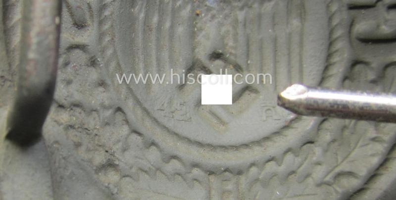 WH (Heeres) 'tropical-issued' belt-buckle being a clearly maker- (ie. 'HA'-) marked (and/or: '42'-dated) field-grey-coloured example that comes mounted onto its original, greenish-coloured- (and/or: 'webbing'-based-) tab